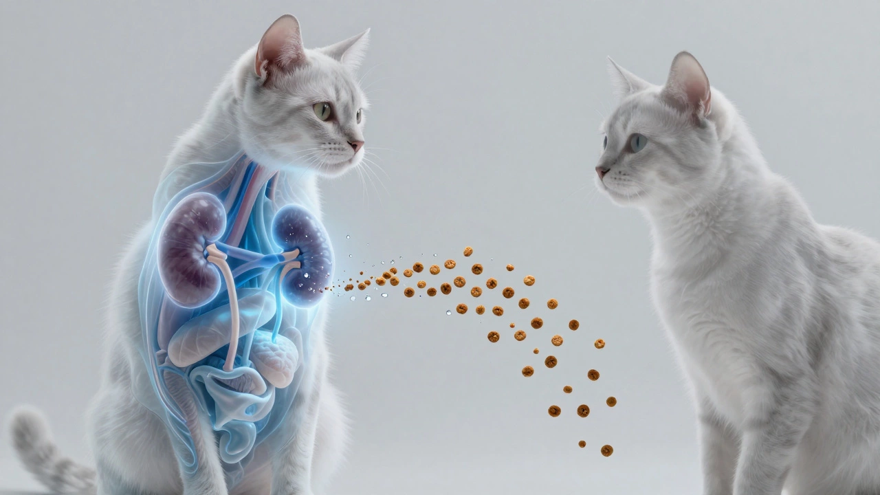 Transparent cat body showing hydrated organs glowing blue against faded dehydrated ones.