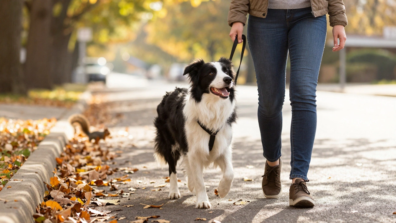 A Border Collie glancing at its owner while a squirrel runs nearby, walking calmly with a loose leash.