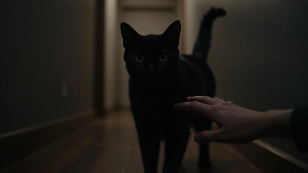 A cat freezes with dilated pupils as a hand reaches toward its belly in dim lighting.