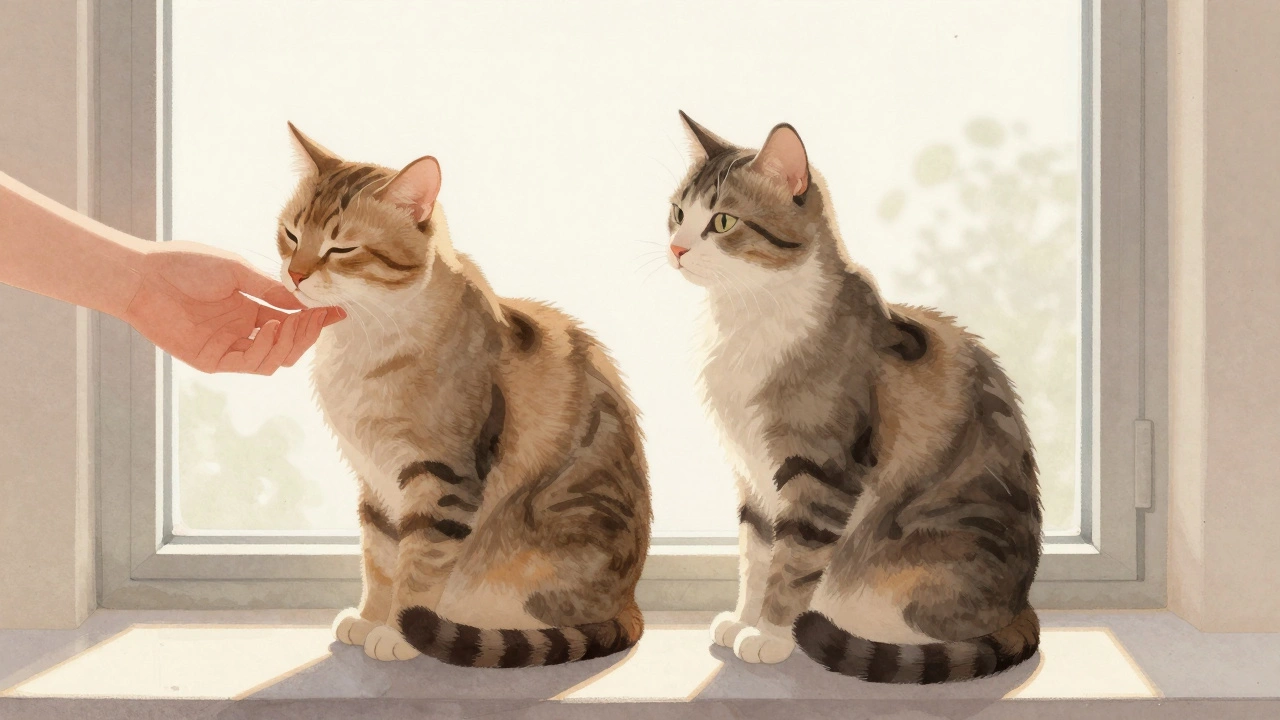 A cat nuzzles a hand near its cheek while another watches calmly from a windowsill.