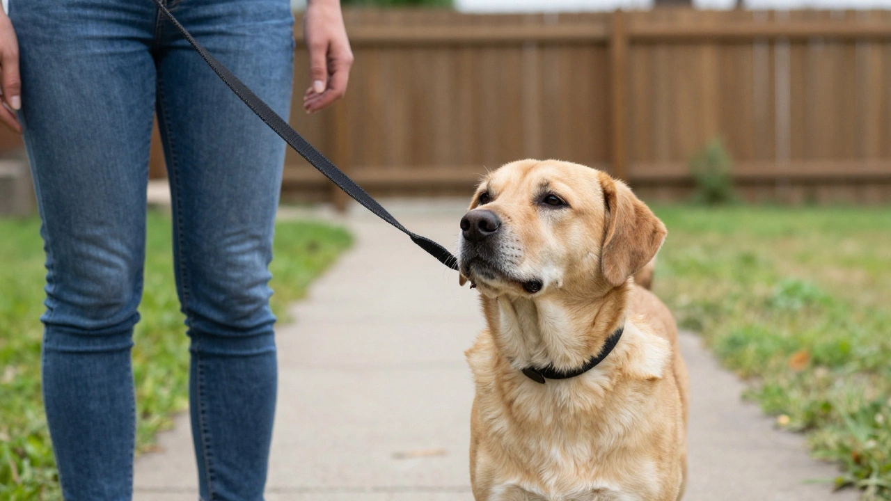A dog pausing mid-pull as the owner stands still, leash slack, during training.