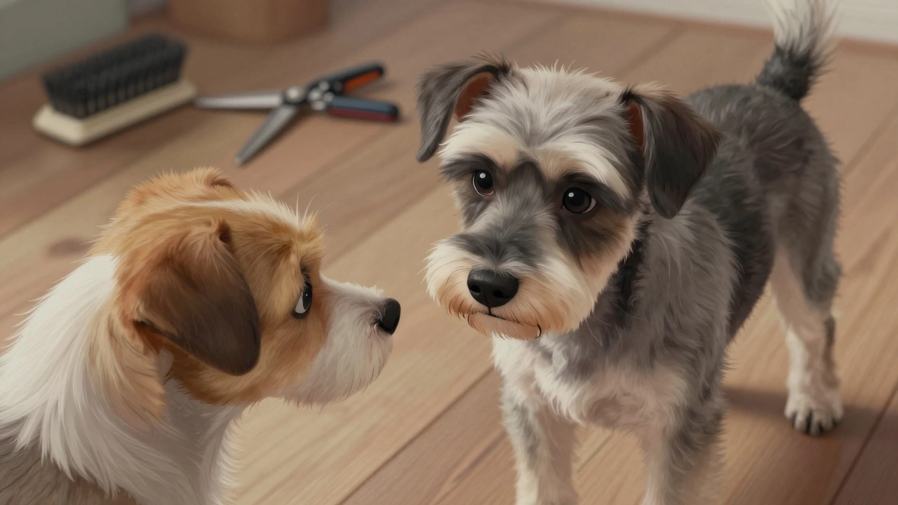 A dog staring at its reflection, confused by its suddenly short fur.