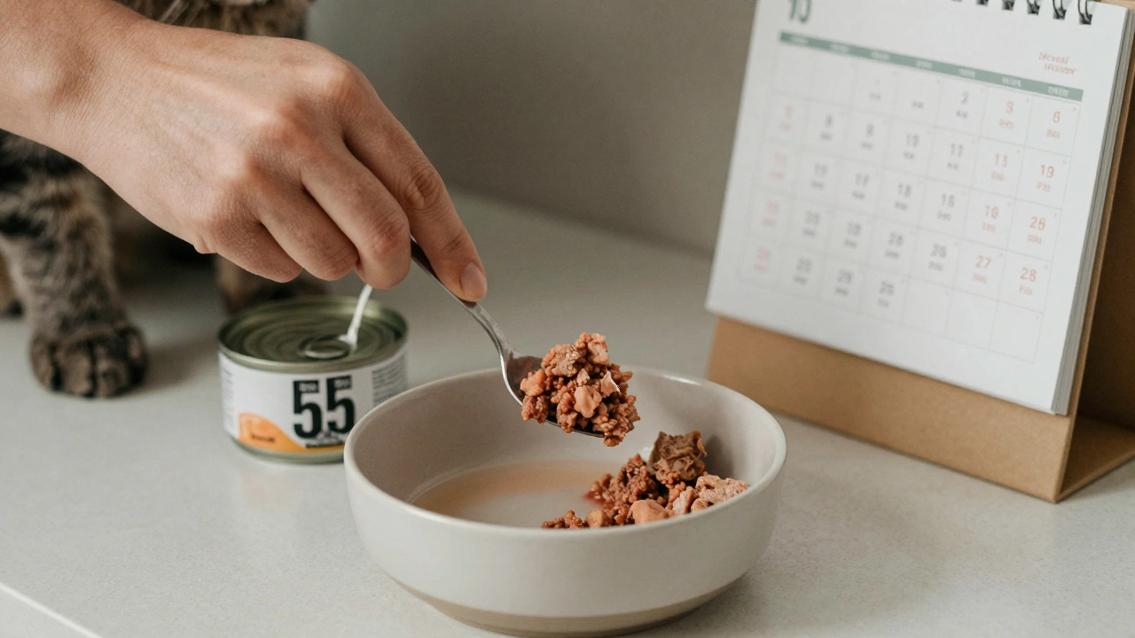 A hand dividing wet food into two portions, with meal times marked on a kitchen calendar.