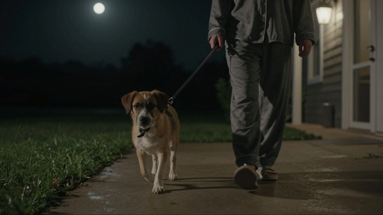 A person gently walks a puppy outside at night for a bathroom break, under dim porch light and stars.