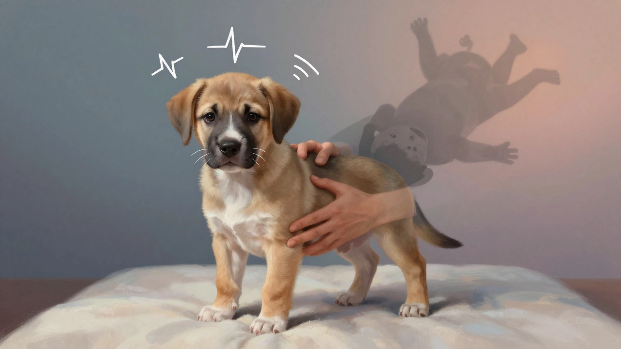 A puppy held safely upright with fading stress symbols, contrasting a dissolving harmful hold.