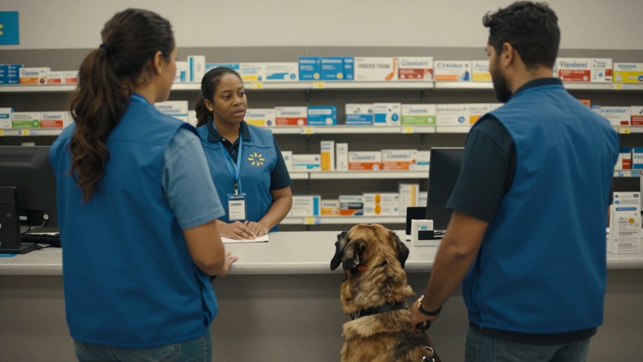 A Walmart employee asks a service dog handler two lawful questions at the pharmacy counter.