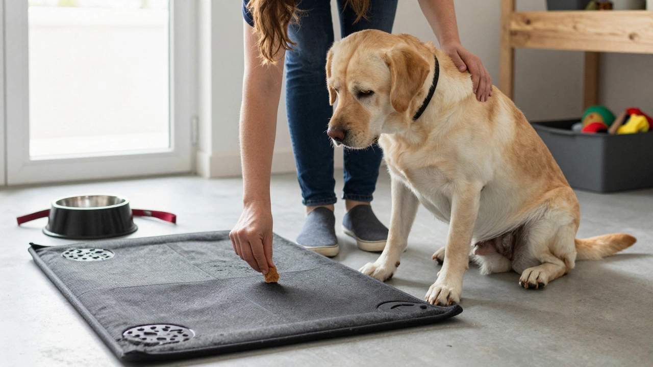 An owner encouraging a dog to use a snuffle mat for mental stimulation and calm behavior.