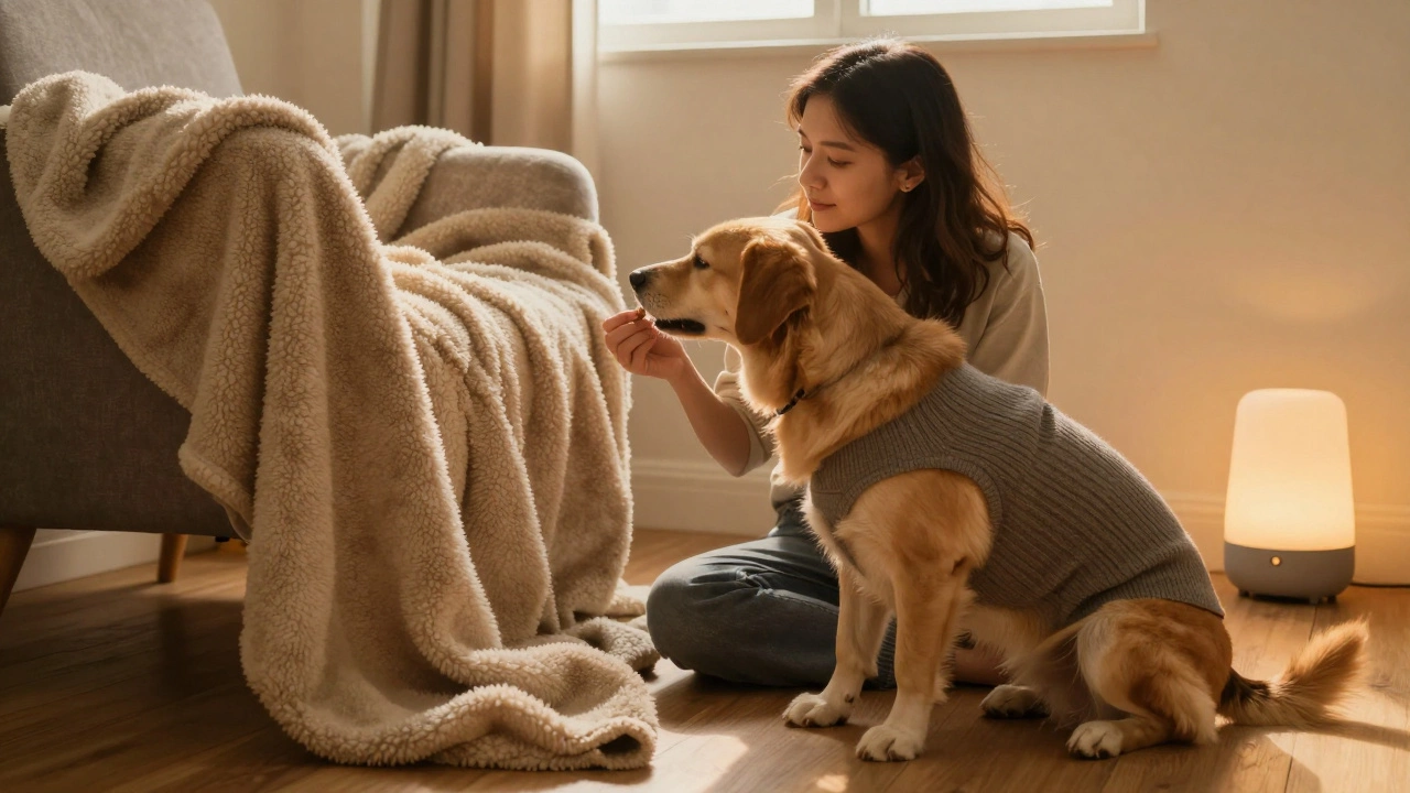 An owner gently offering a treat to their dog under warm, calming light.