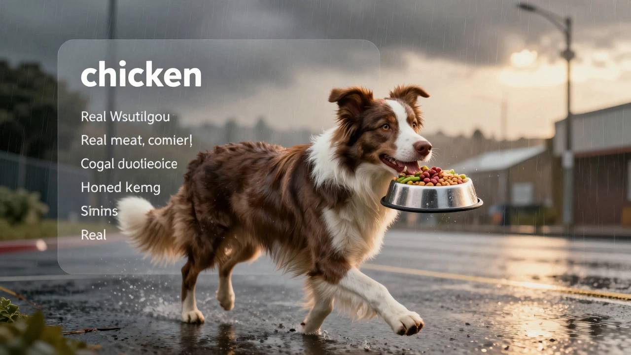 Border collie trotting in rainy Wellington with glowing dog food bowl showing wholesome ingredients.