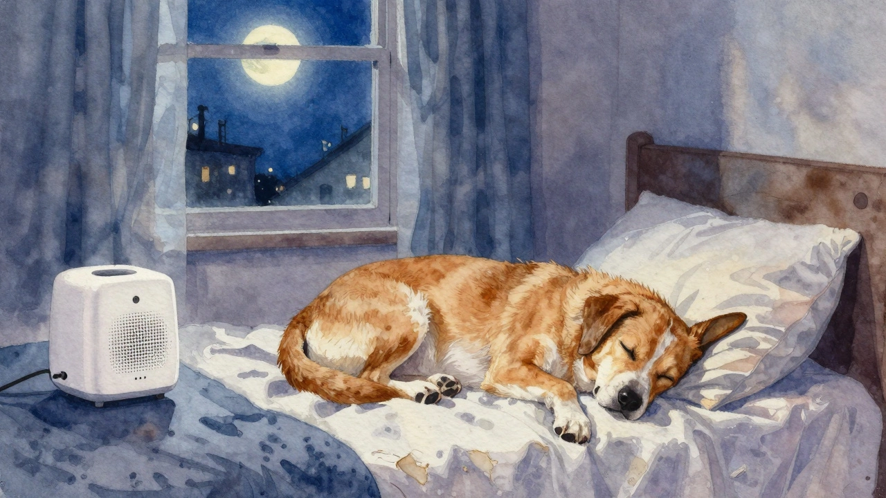 Dog sleeping peacefully with white noise machine and closed curtains.