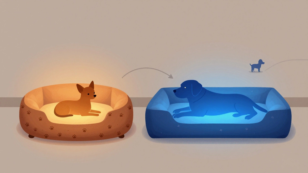 Side-by-side comparison of round and rectangular dog beds with silhouettes showing different sleeping styles and aging progression.