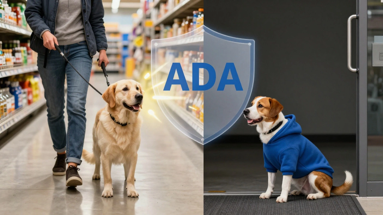 Split image: service dog entering Walmart vs. pet dog turned away, with ADA legal shield between them.
