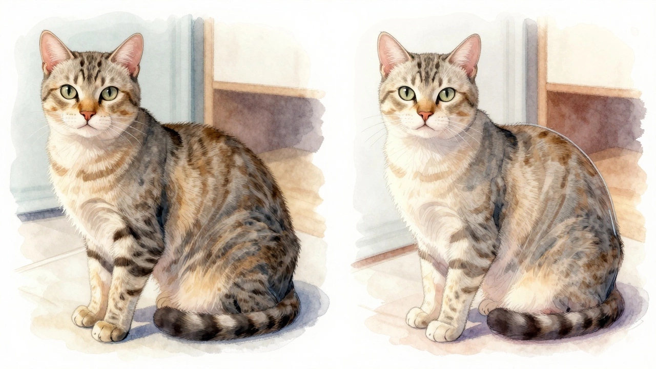 Two 10-pound cats side by side, one lean and one slightly overweight, viewed from above.