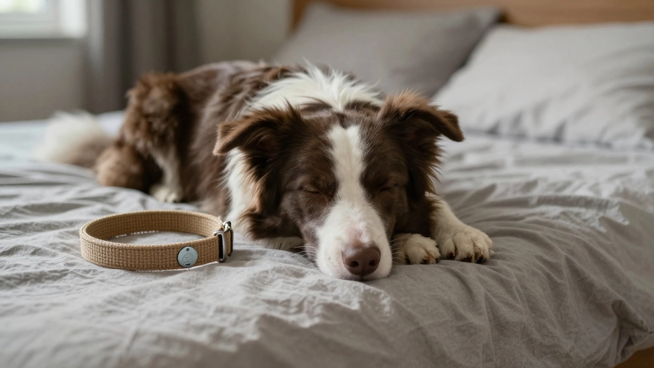 A calm Border Collie resting peacefully with a soft, well-fitted collar, a spare one lying beside it on the bed.