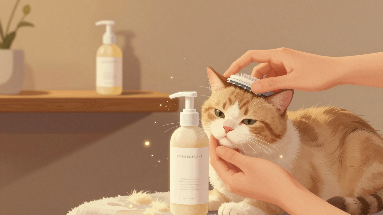 A cat being gently sprayed with waterless shampoo, surrounded by soft light, in a calm indoor environment.