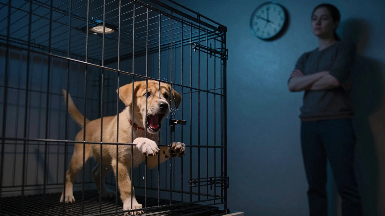 A distressed puppy scratches at its crate door while an owner watches calmly from outside at night.