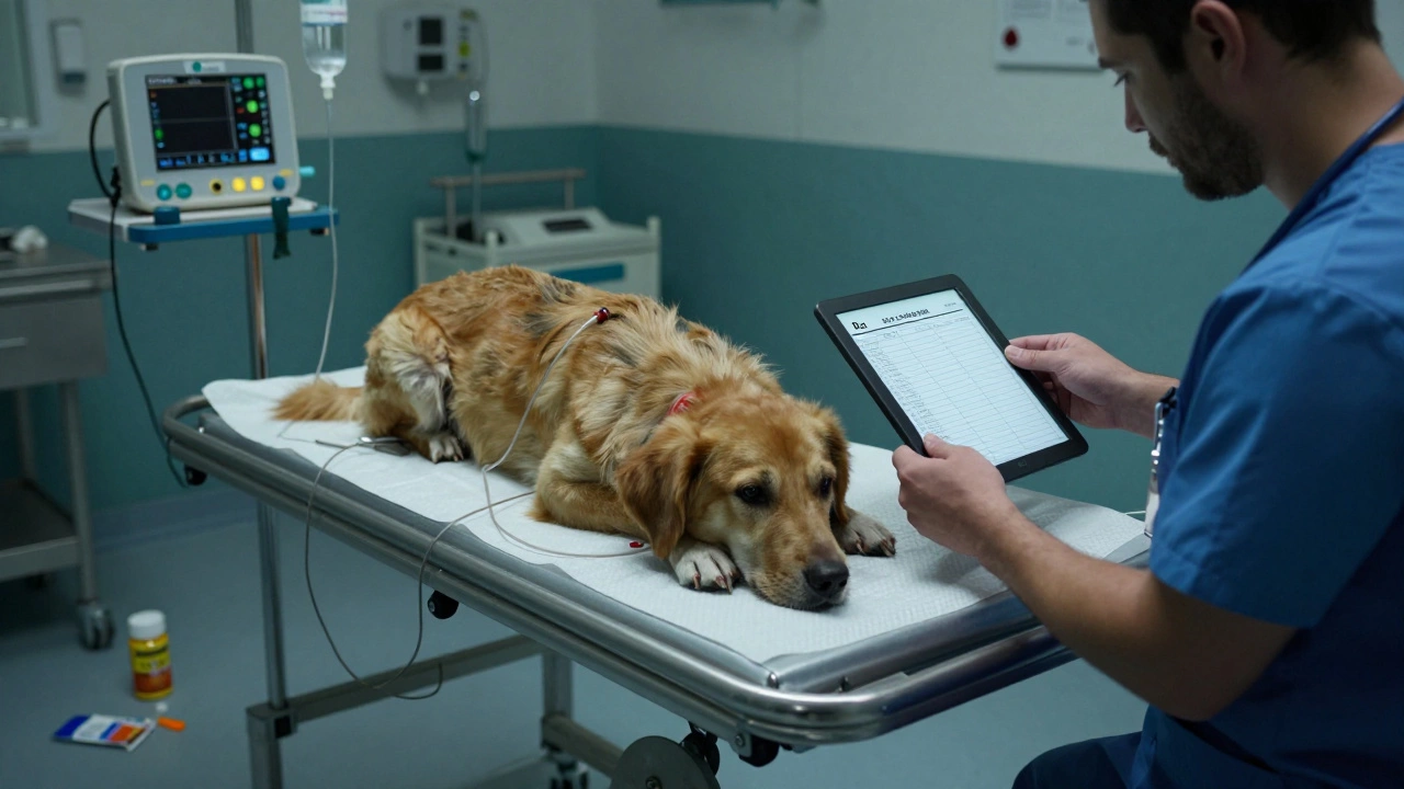 A dog receiving IV treatment in a veterinary clinic with medical equipment nearby.