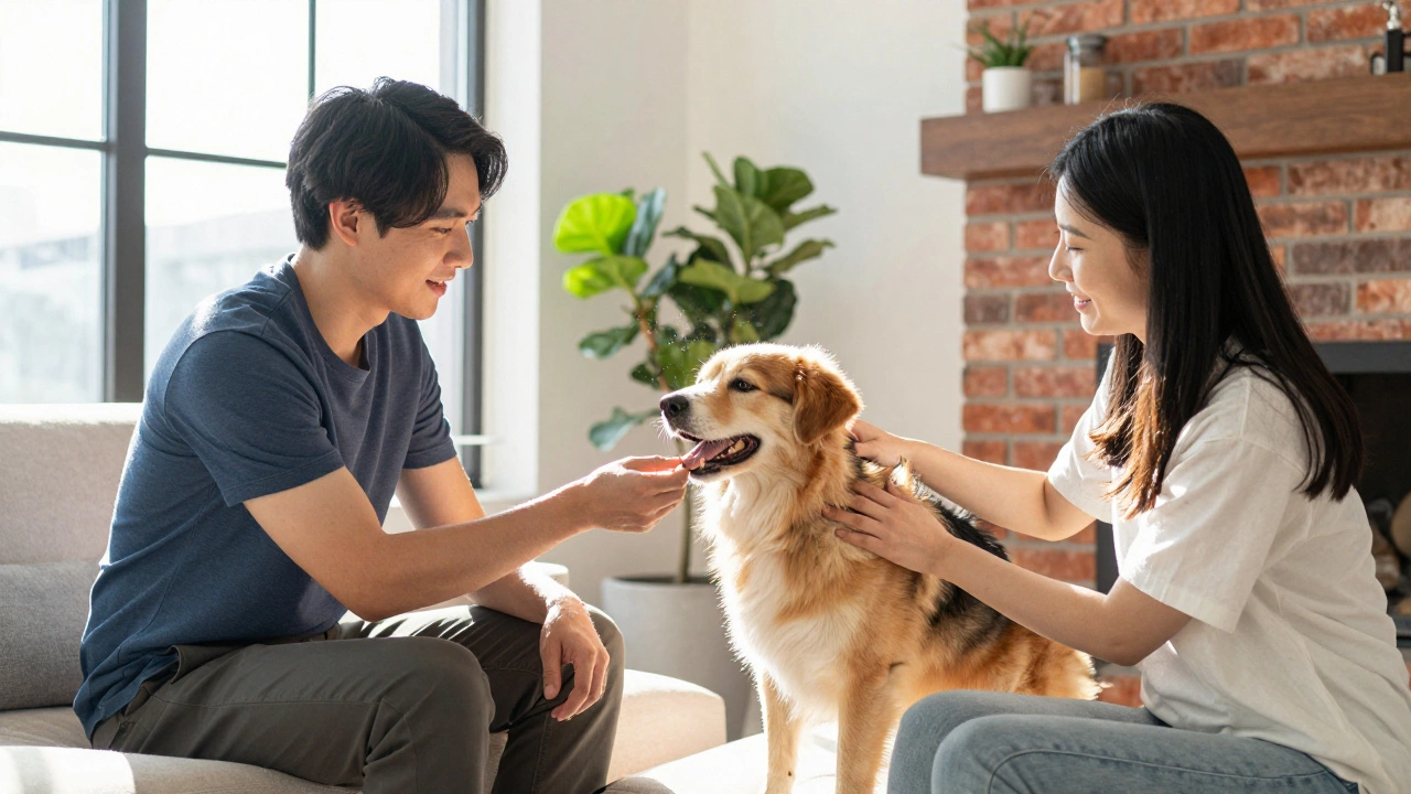 A husband and wife sharing gentle moments with their pet dog in a bright living room.