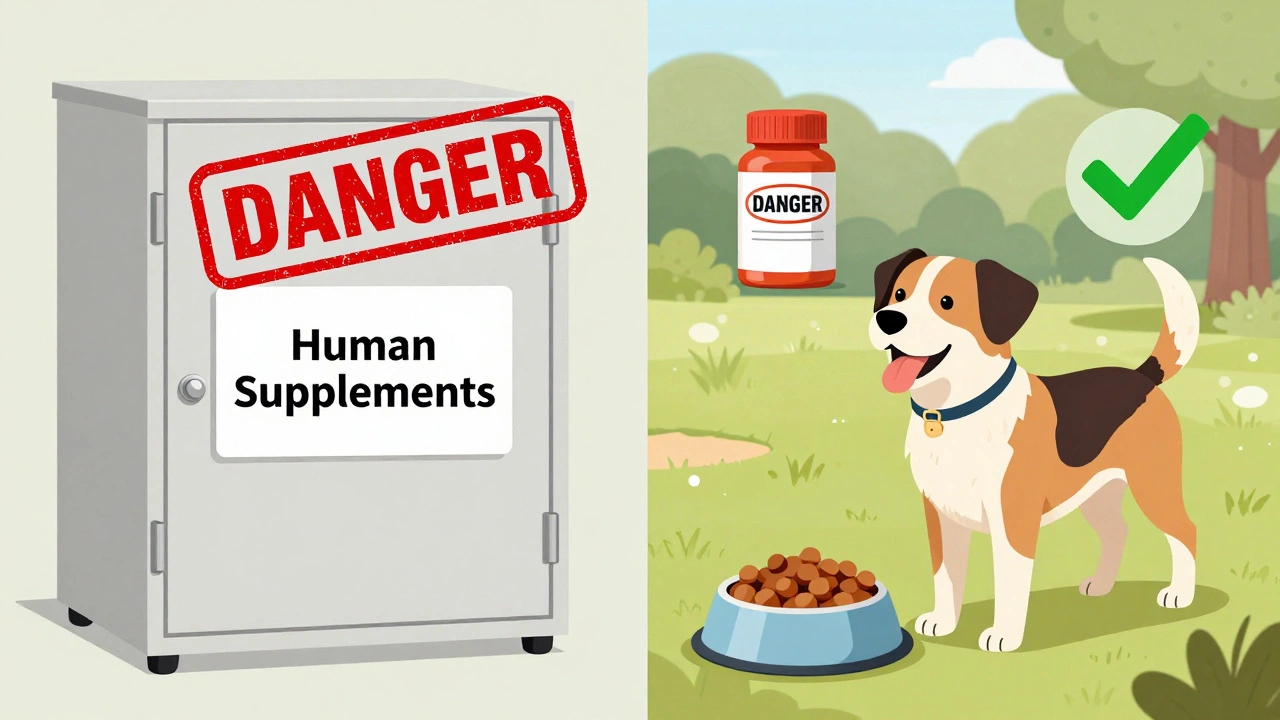 A locked cabinet of human supplements versus a dog eating safe dog food in sunlight.