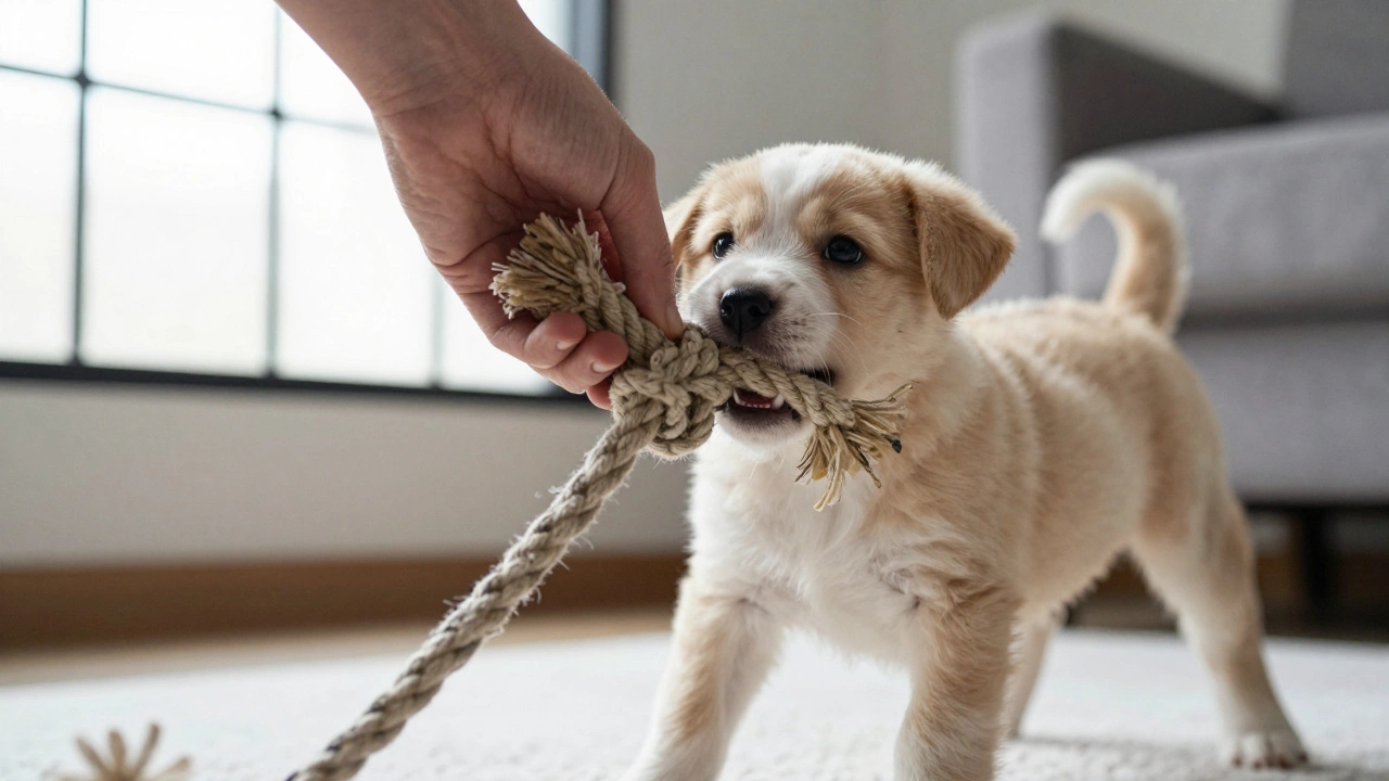 A puppy tugging on a knotted rope toy held by a human hand in a sunny room.