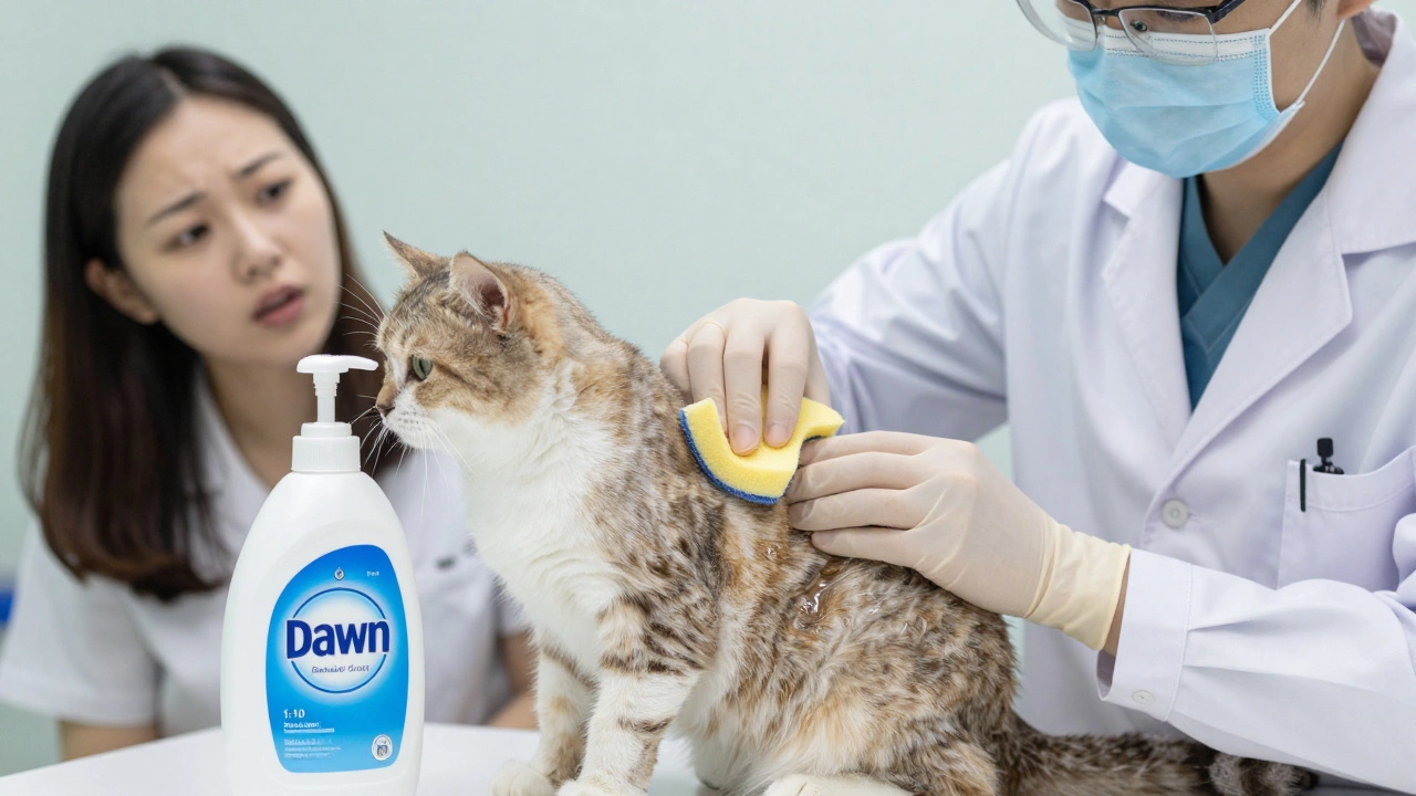 A vet carefully cleaning an oily patch on a cat's back with diluted Dawn, in a clinical setting.
