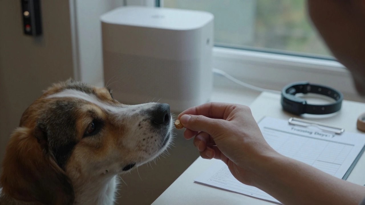 An owner rewards a dog with a treat after it stops barking, white noise machine in background.