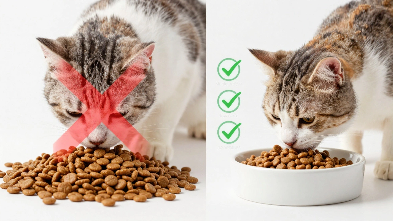 Comparison of cat eating dry food (with X) versus wet food from slow-feeder bowl (with checkmarks).