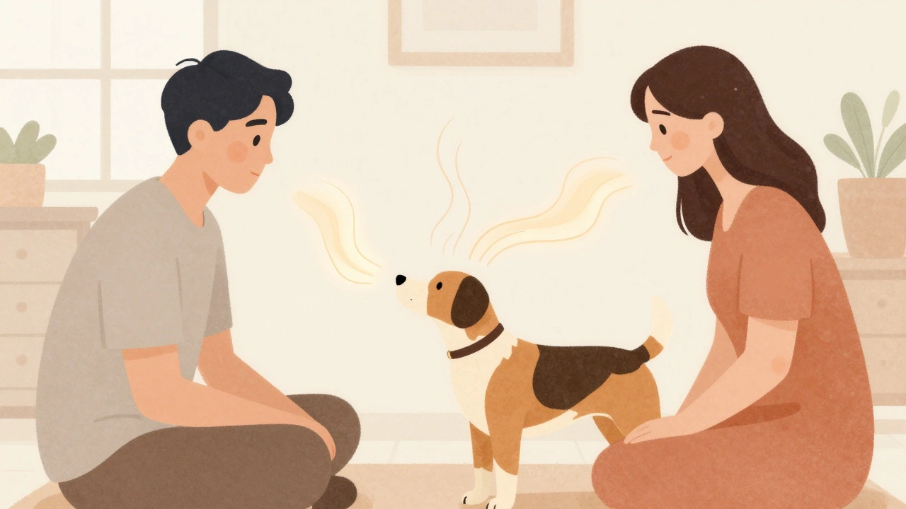Digital art showing invisible scent trails connecting a dog to its preferred human owner.