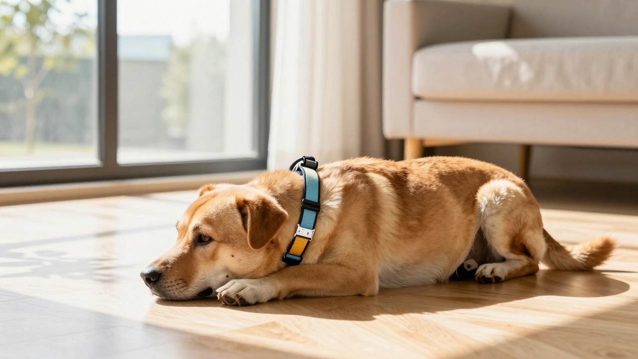 Dog wearing a safety breakaway collar indoors.