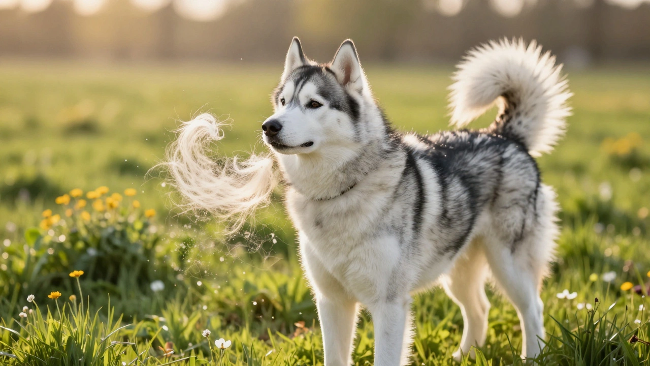 Husky outdoors shedding winter fur into the spring sunlight breeze.