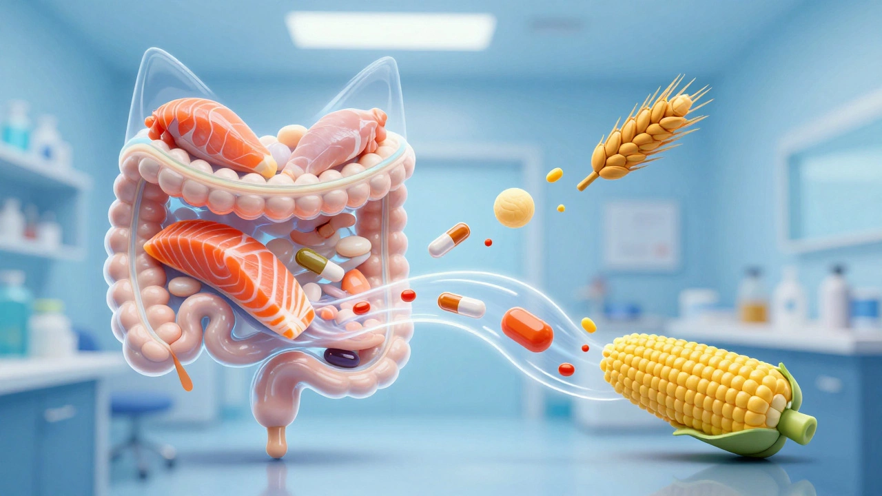 Illustrated digestive tract with wholesome ingredients flowing smoothly and harmful fillers being rejected.