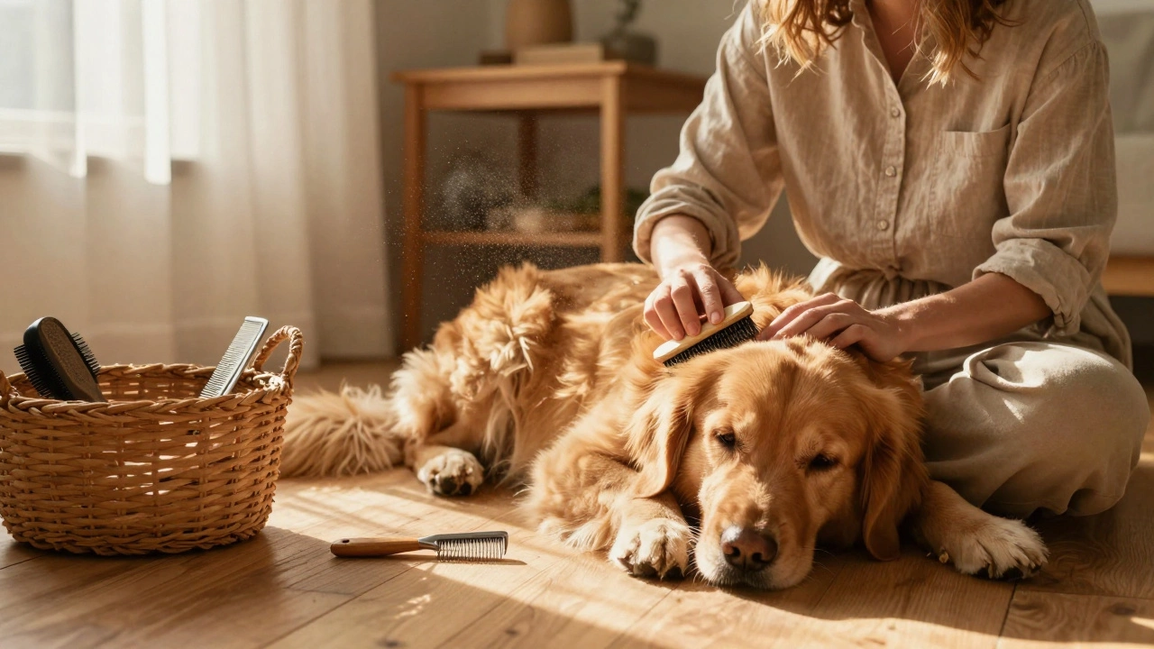 Person brushing a dog inside with sunlight and grooming tools nearby.