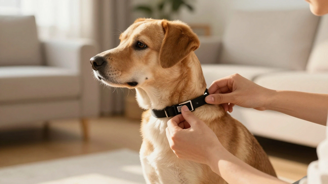 Person checking two finger fit on dog collar.