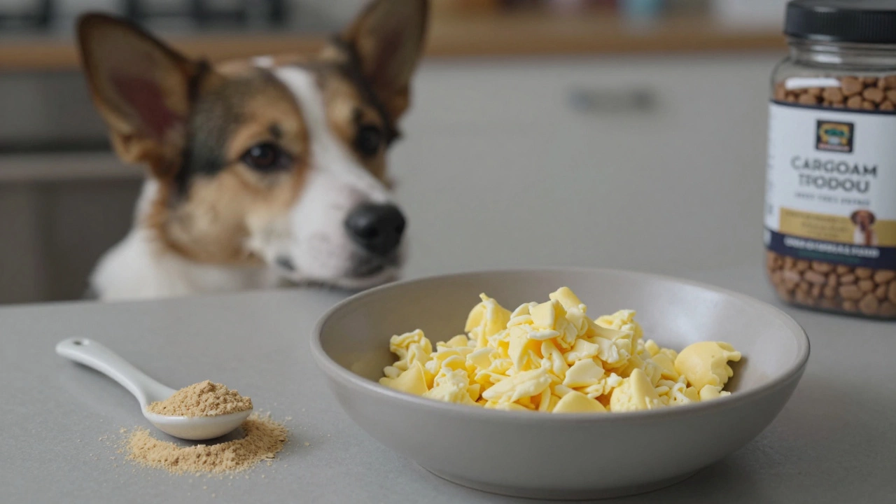 Plain scrambled eggs in a dog bowl with ground eggshell powder beside them.