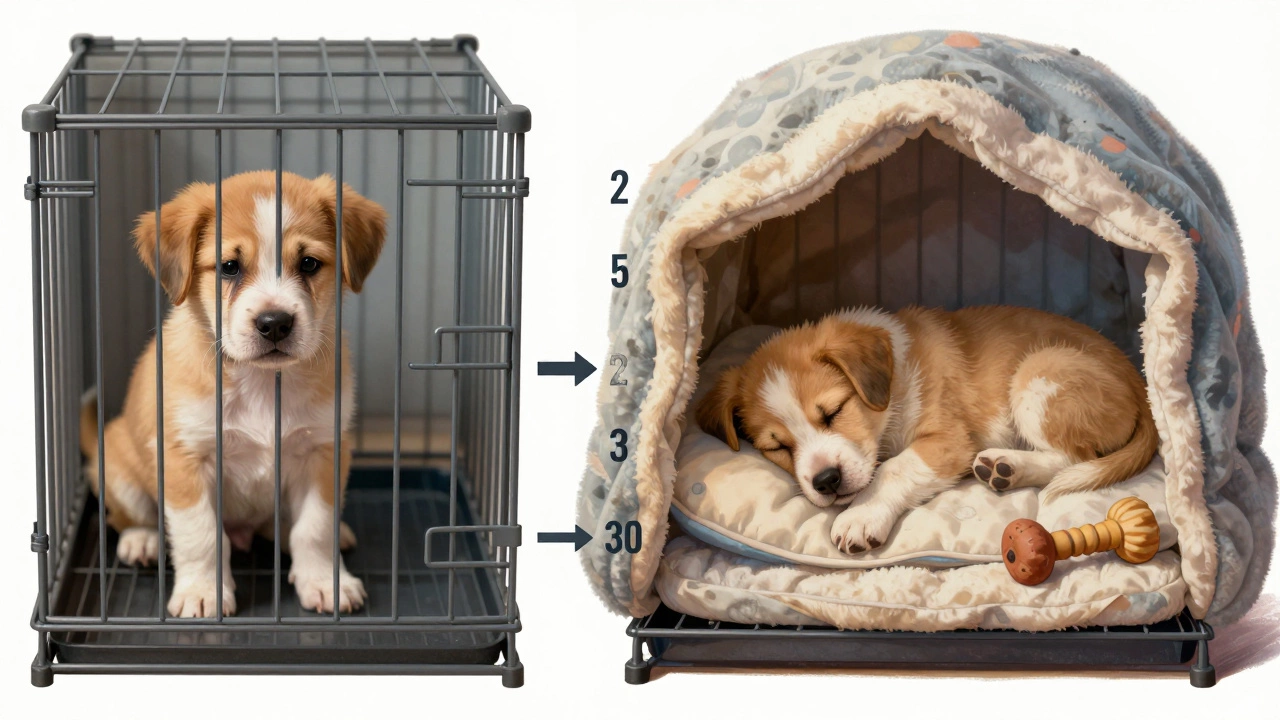 Side-by-side image showing a puppy's transition from anxious isolation to peaceful rest in a crate.