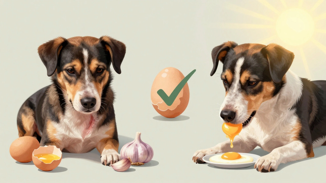 Split image: a dog with poor coat on one side, healthy coat on the other, with a cooked egg as the solution.