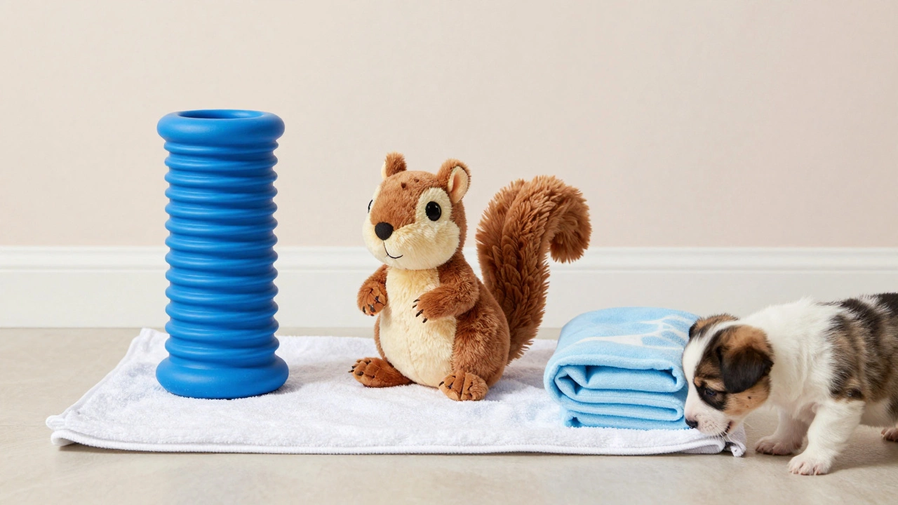 Three safe puppy toys arranged on a towel beside a curious young puppy.