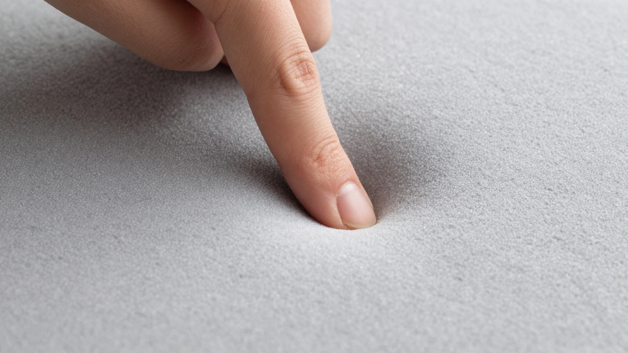 A finger pressing into memory foam that fails to spring back, showing a deep indentation.