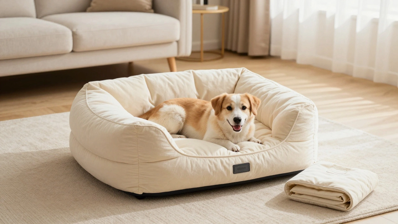 A happy dog curled up in a new, plush cream-colored donut bed.