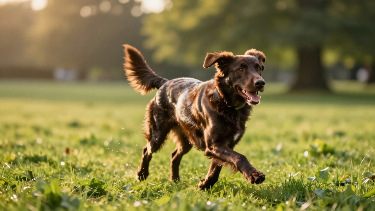 A happy dog with a glossy and healthy shimmering coat running in a sunny park