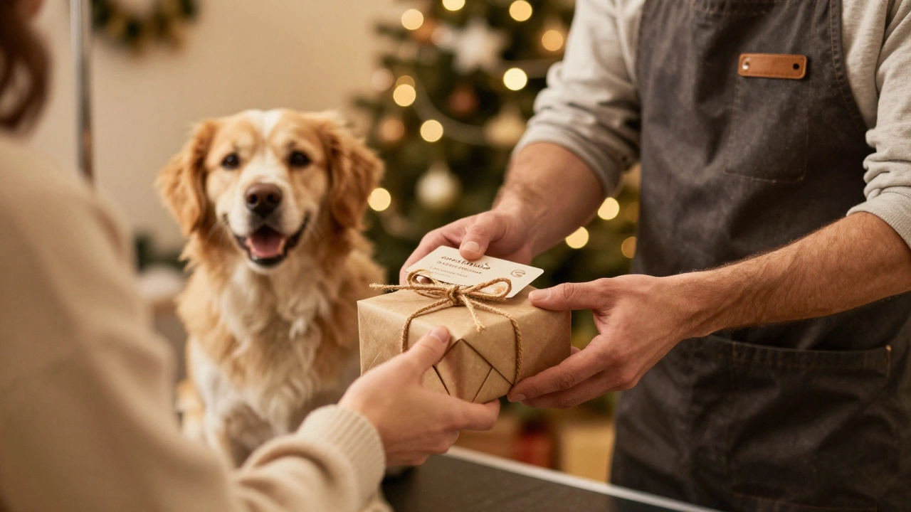 A pet owner giving a holiday gift card and a small present to a dog groomer