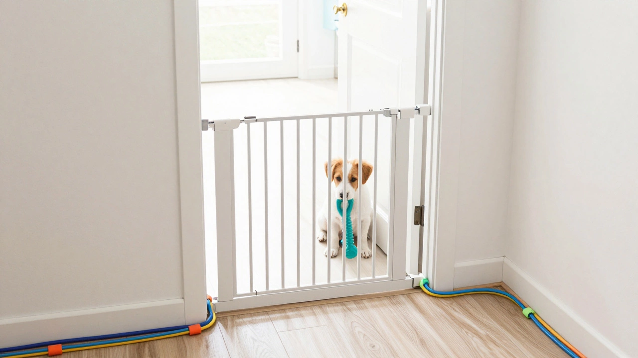 A puppy with a toy behind a white baby gate in a puppy-proofed hallway.
