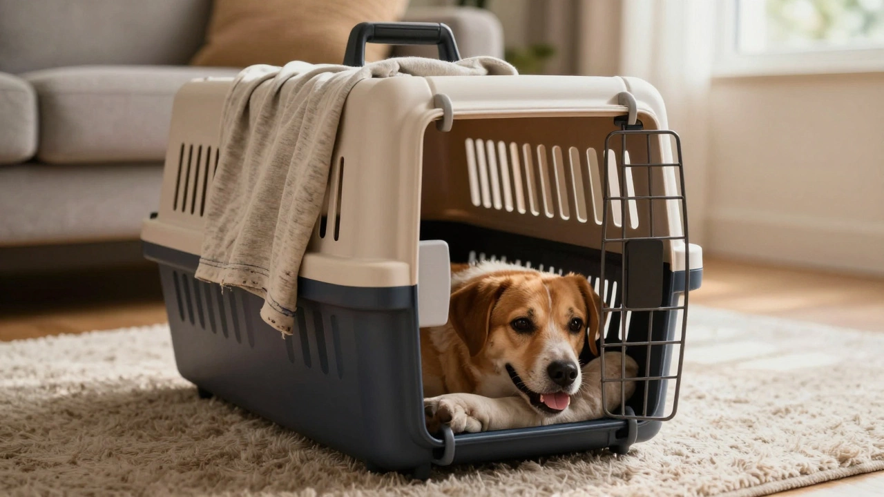 A relaxed dog sleeping inside a travel crate with a familiar shirt in a cozy home.