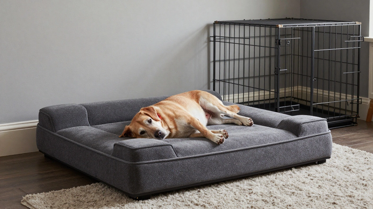 A senior dog stretching out comfortably on a low-profile orthopedic memory foam bed