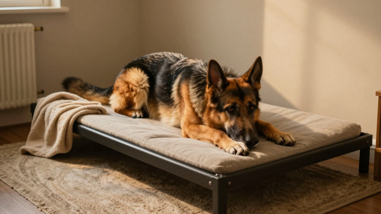 A senior German Shepherd fully stretched out on a large orthopedic dog bed.
