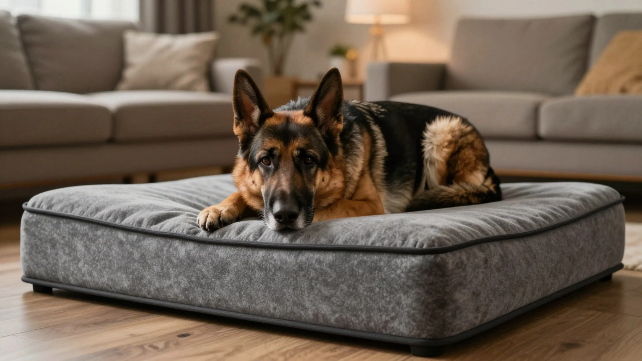 A senior German Shepherd resting on a thick, supportive orthopedic memory foam bed.