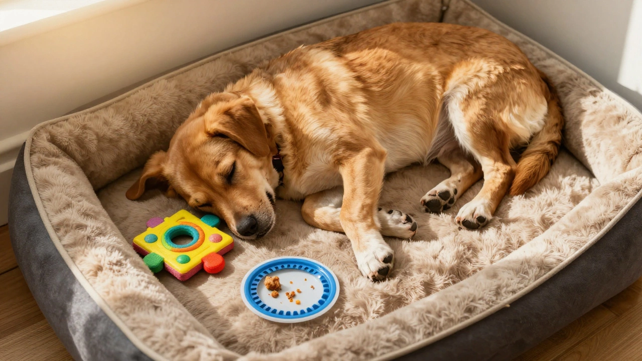 A sleeping puppy next to a puzzle toy and Lickimat in a sunlit room.
