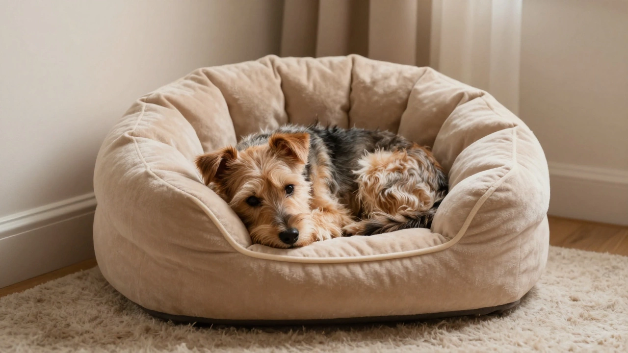 A small terrier curled up securely inside a circular donut bed with raised edges.