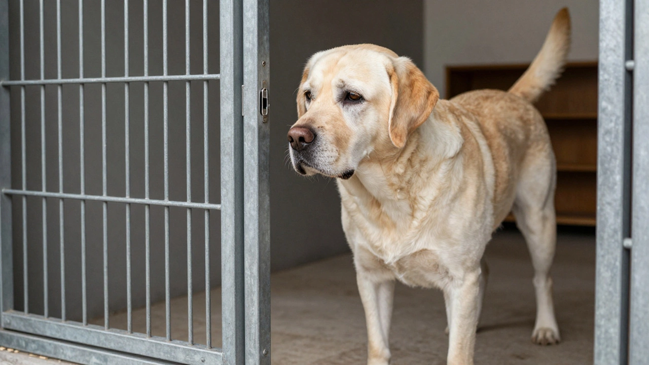 An aging dog standing hesitantly before a metal crate, showing signs of joint stiffness