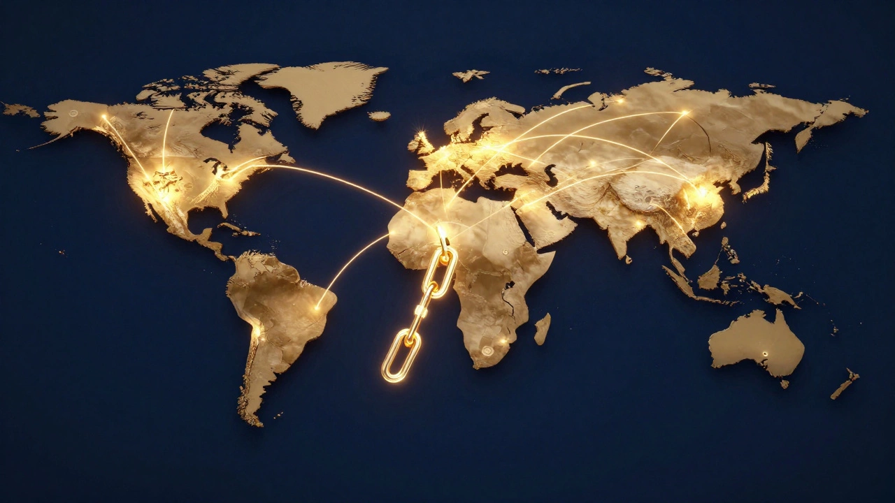 Conceptual 3D render of a global logistics map with a broken supply chain link